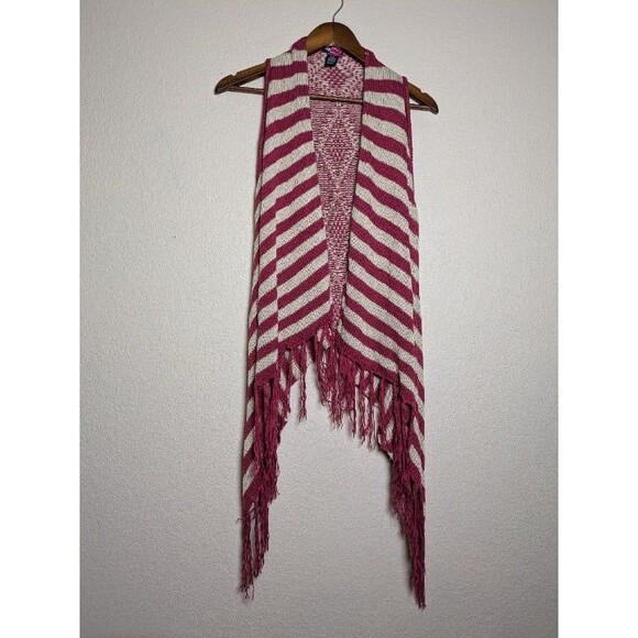Maroon Cream Knit Fringe Waterfall Vest Size Small Medium Boho Western Hippie - Picture 2 of 6